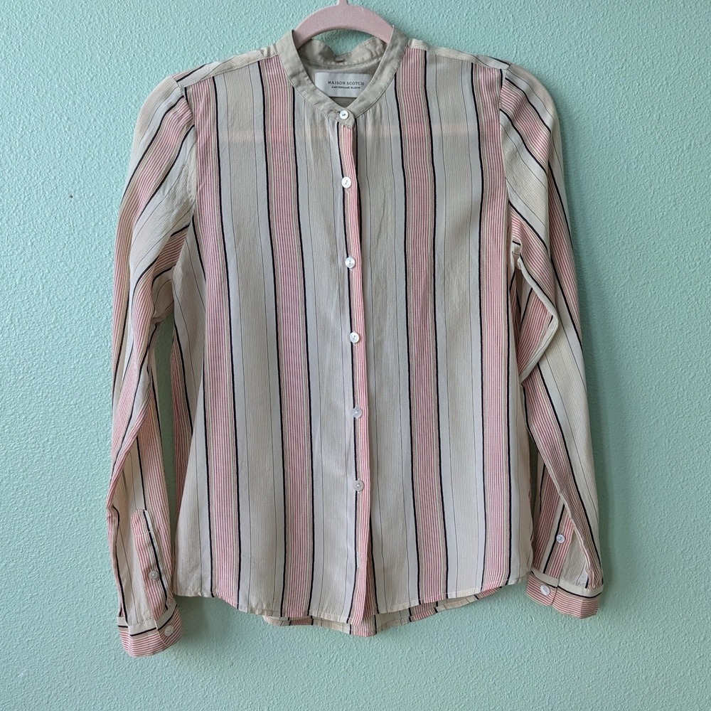 Maison Scotch Amsterdams Blauw Silk Striped‎ Button Down Blouse Pink Cream Black